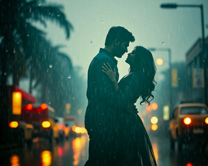 Silhouette of a man and a woman couple on a rainy background and in the middle of the street.