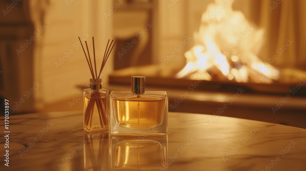 Poster a cozy setting featuring a perfume bottle and a diffuser near a warm fire.