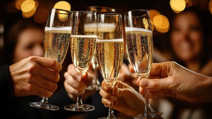 Celebration Toast with Champagne Party Venue Group Event Festive Atmosphere Close-up View Joyful Gathering