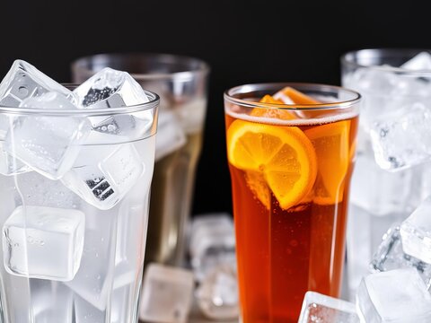 Clear plastic drinking glass filled with fizzy soft drinks and ice cubes, plastic, refreshment