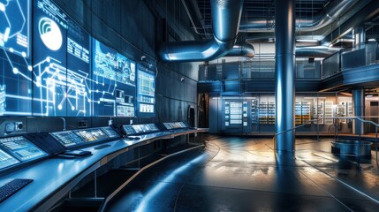 Naklejka premium A modern control room featuring advanced screens and high-tech equipment.