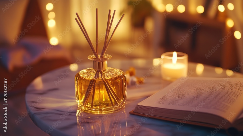 Poster a cozy setting featuring a scented diffuser, candle, and an open book on a marble table.