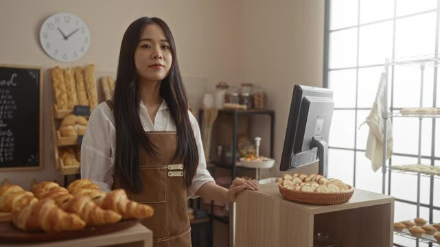 Woman cashier in a bakery shop wearing apron standing at counter surrounded by fresh bread and pastries in a bright indoor setting with shelves and a menu in the background.