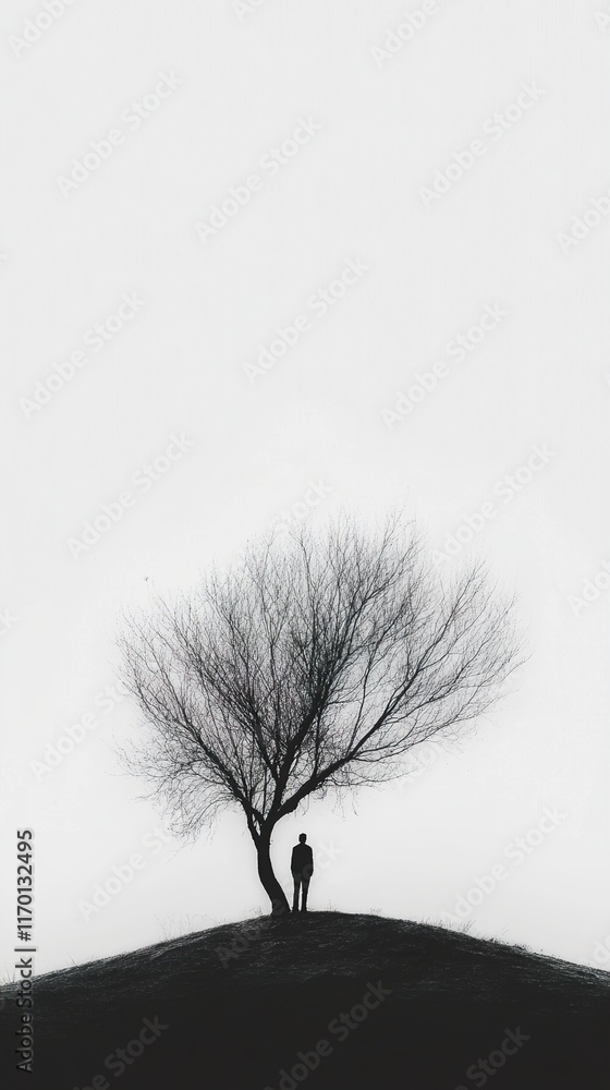 Canvas Prints Solitary Figure Under a Winter Tree: A Black and White Landscape