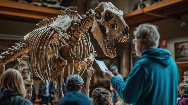 Museum guide explains extinct animal skeleton exhibit