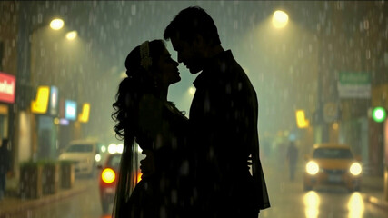 Silhouette of a man and a woman couple on a rainy background and in the middle of the street.