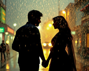 Silhouette of a man and a woman couple on a rainy background and in the middle of the street.