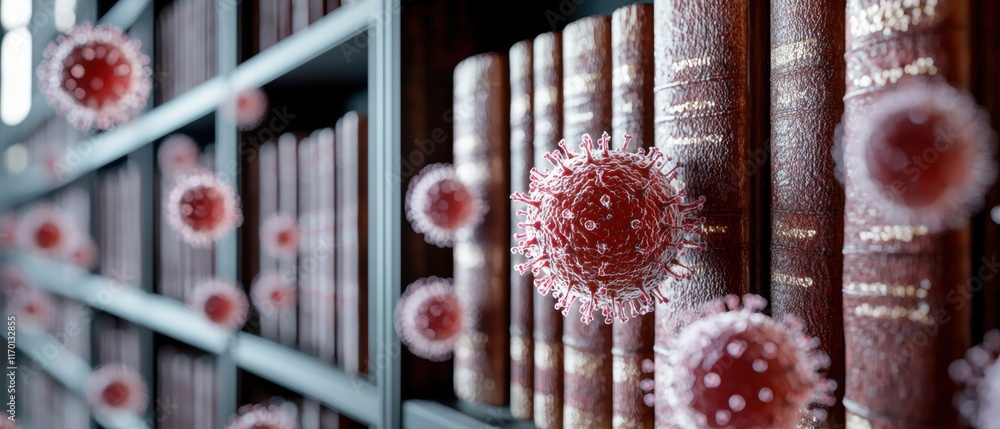 Poster a library scene with floating virus particles, illustrating the intersection of knowledge and health