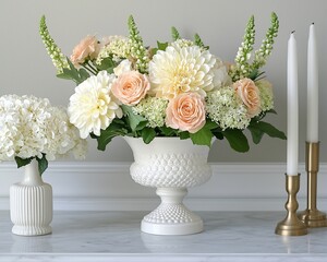 Obraz premium Elegant peach and white floral arrangement in a textured urn vase with candles.