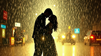 Silhouette of a man and a woman couple on a rainy background and in the middle of the street.