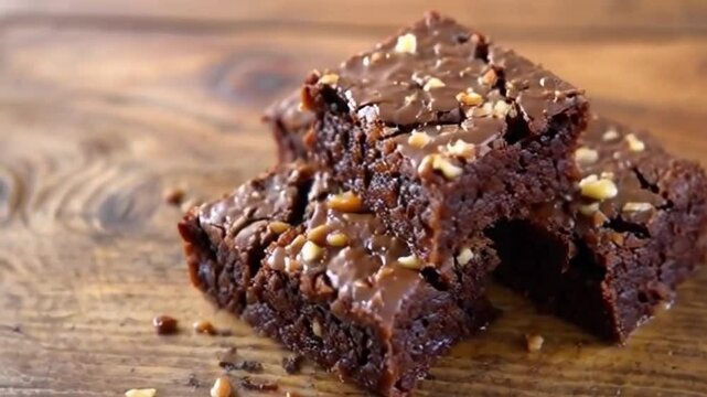 Deconstructed brownie chunks with chocolate batter, nuts, and gooey center on a rustic surface