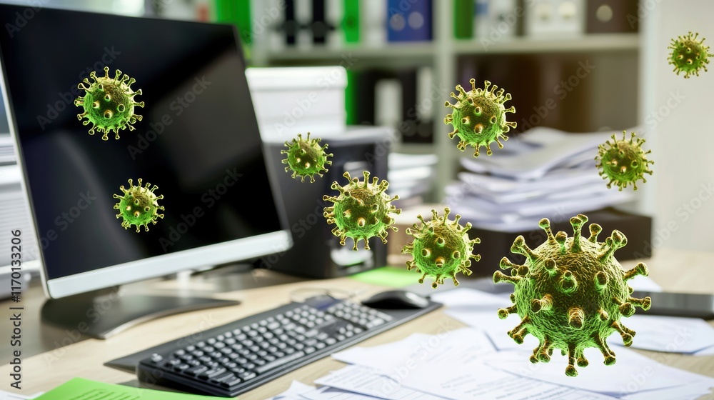 Poster a computer workstation is surrounded by floating virus models, illustrating the concept of workplace