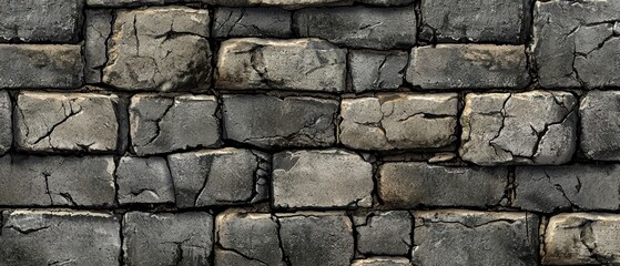 Fototapeta premium A close-up view of a textured stone wall featuring various sizes and shapes of grey stones with visible cracks and natural imperfections.