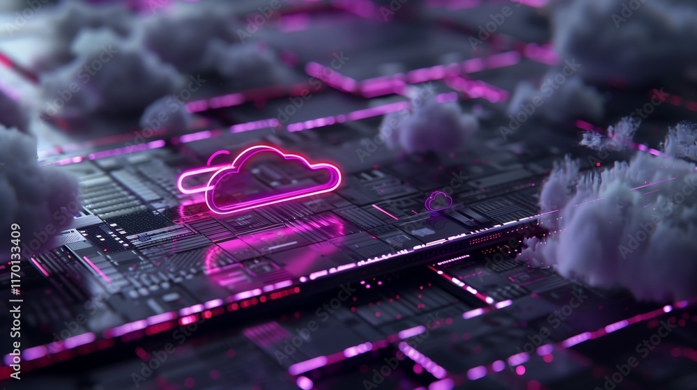 Poster virtual digital grid with floating symbols of cloud computing, security locks, and ai, set in a glow