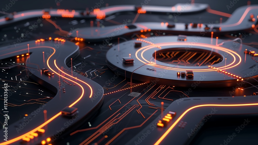 Aufkleber futuristic circuit board design with pulsating neon lights and glowing pathways, symbolizing digital