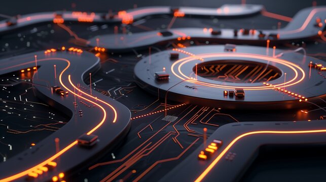 Futuristic circuit board design with pulsating neon lights and glowing pathways, symbolizing digital technology and innovation. cyber tech background or wallpaper 