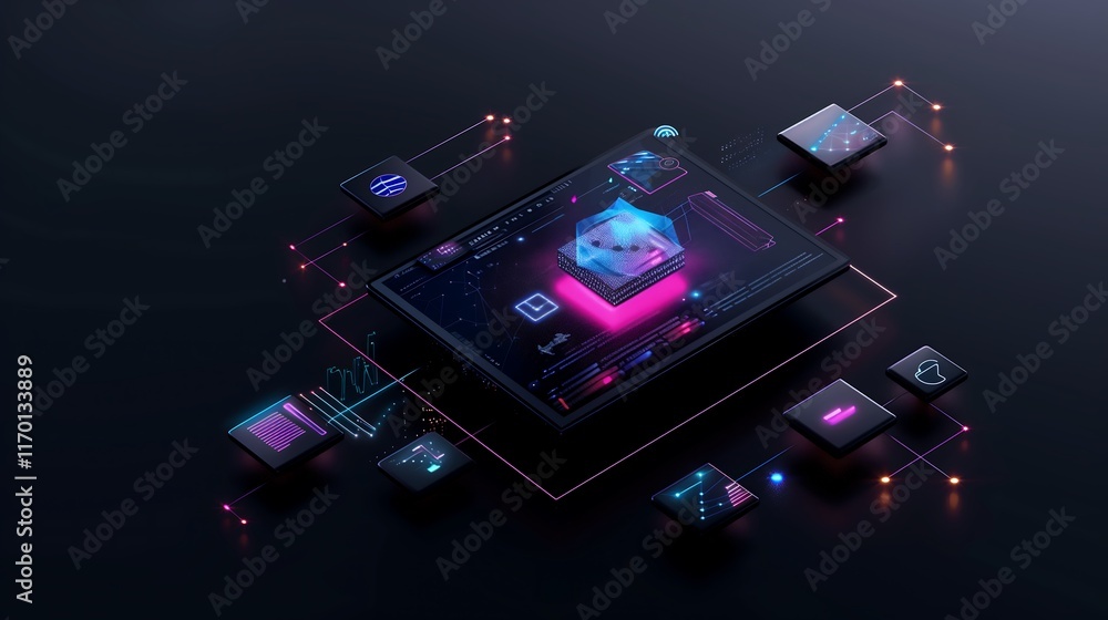 Poster holographic user interface showcasing real-time data analytics and futuristic technology icons float