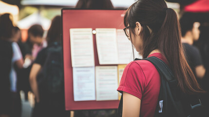 Person standing in front of a job listings board, scanning opportunities with a focused expression. The scene conveys the pursuit of career advancement and the search for meaningful employment.