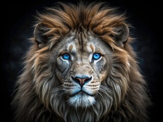 Naklejka premium Monochrome majesty: a lion's captivating blue eyes gleam in low light, a powerful wildlife photo.