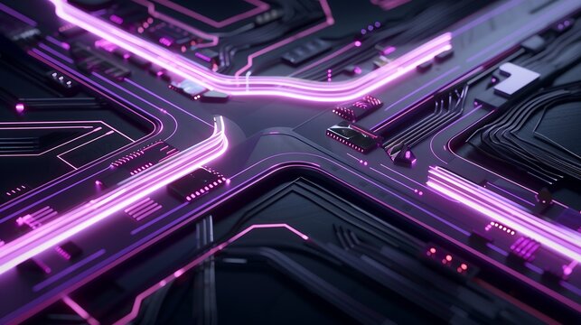 Futuristic circuit board design with pulsating neon lights and glowing pathways, symbolizing digital technology and innovation. cyber tech background or wallpaper 