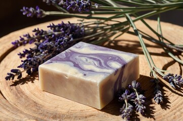A close-up of marbled lavender soap on a wooden tray, surrounded by dried lavender and eucalyptus, bathed in soft light.