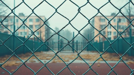 Naklejka premium Close-up view of a chain-link fence with a blurred background of an urban courtyard, evoking a sense of isolation and structure