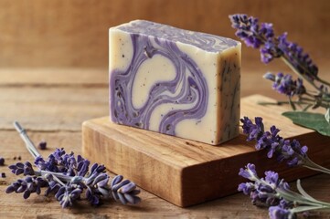 A close-up of rustic lavender homemade soap with a marbled design, set on a wooden tray with dried lavender and eucalyptus, in soft natural light.