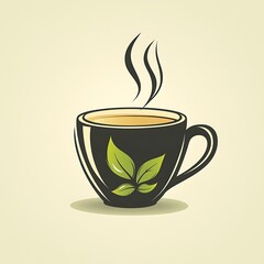 Obraz premium A steaming cup of tea with green leaves design