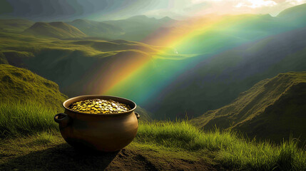 A conceptual image of a leprechaun's pot of gold at the end of a rainbow, with a lush green landscape.