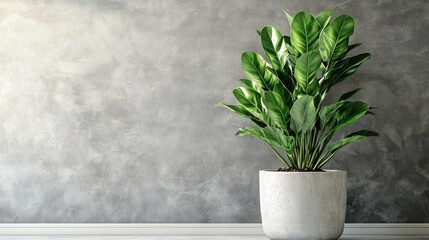 A ZZ plant in a concrete planter, set against a textured gray wall for a contemporary look.