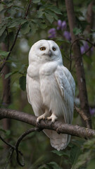 Majestic White Snowy Owl Perched on Tree Branch in Lush Green Forest, Wildlife Photography, Nature Background, Nocturnal Bird of Prey, Stunning Plumage
