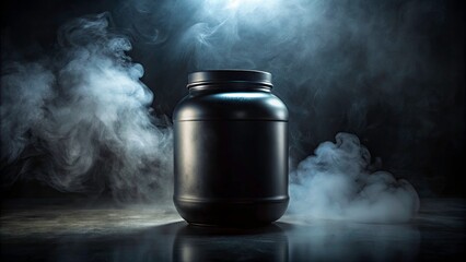 Mysterious black jar, misty ambiance, long exposure reveals protein power.