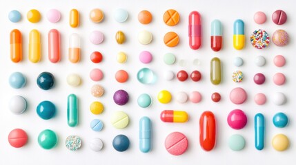 Colorful assortment of pills and capsules on white background. (1)