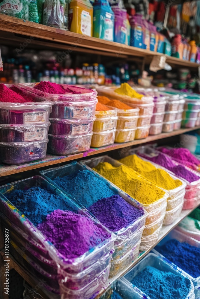 Wall mural colorful display of powders and spices on a shelf. the colors are bright and vibrant, creating a liv