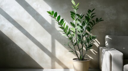 A ZZ plant with dark green leaves, placed under warm indoor lighting in a cozy living room.