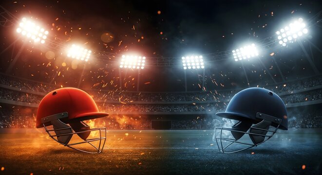 Electrifying cricket match banner displaying two helmets in contrasting colors, surrounded by dramatic lighting and vibrant sparks, symbolizing the spirit of competition and teamwork