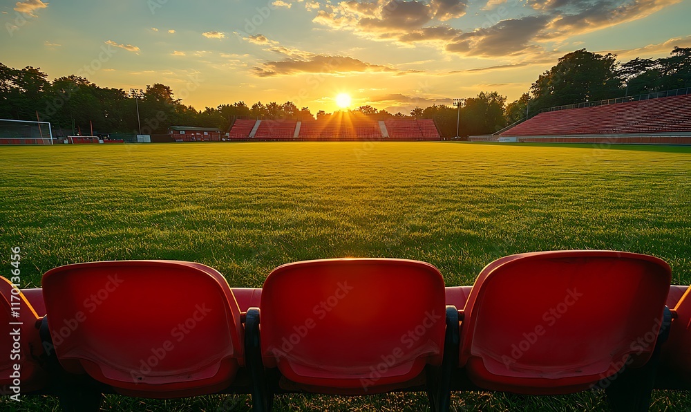 Poster sunset over empty soccer field with red seats.