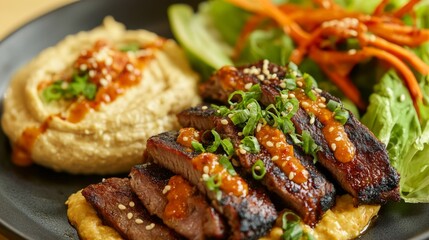 Fototapeta premium Delicious grilled meat served with hummus, salad, and drizzled sauce, showcasing a vibrant and appetizing dish on a black plate.