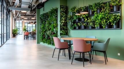 Modern office interior featuring vibrant green walls, vertical gardens, and stylish furniture, promoting sustainability and productivity
