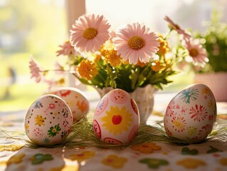 Fototapeta premium Table with three decorated eggs and a vase of flowers. The eggs are painted with flowers and the flowers are pink. The table is set for a special occasion, possibly Easter