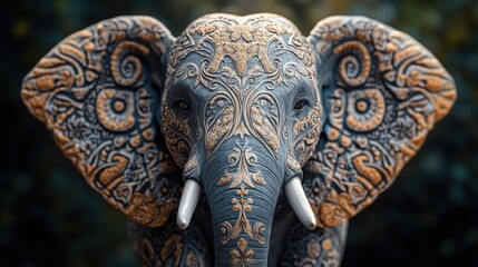 Large elephant with gold and blue paint on its face. The elephant is standing in a forest