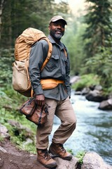 Man with a backpack is standing on a rock near a river. He is smiling and he is enjoying his time outdoors