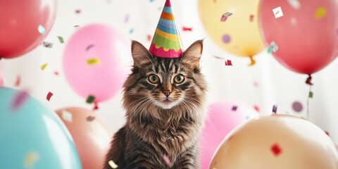 Cat wearing a party hat is surrounded by balloons. The cat is the main focus of the image, and the balloons create a festive atmosphere
