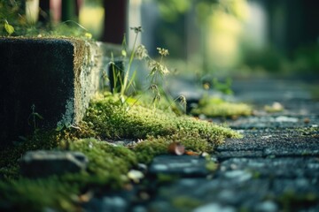 Fototapeta premium Stone wall with a green mossy plant growing on it. The plant is thriving in the damp environment and adds a touch of natural beauty to the area