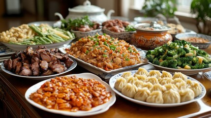 Obraz premium A lavish spread of various Asian dishes for a feast.