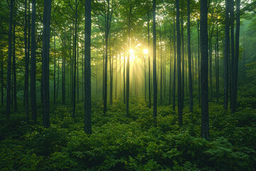 Naklejka premium Sunbeams illuminate misty green forest at sunrise.