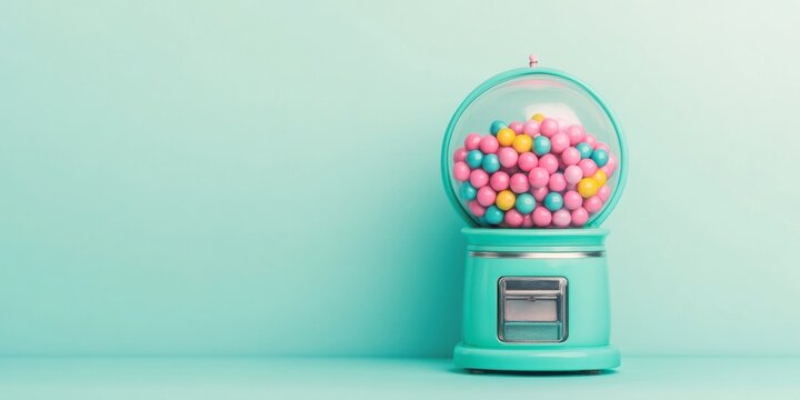 Vintage Gumball Machine with Colorful Gumballs against Pastel Background