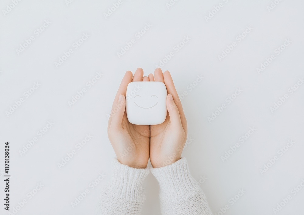 Poster Serenity in Simplicity Hands Cradling a Smiling Icon on White Background