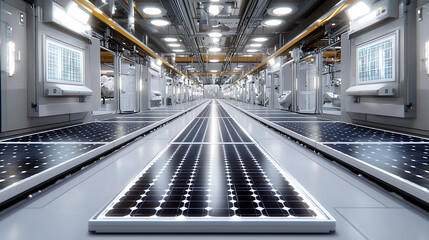 Obraz premium modern solar panel manufacturing facility with advanced technology and clean design. spacious interior features rows of solar panels and high tech