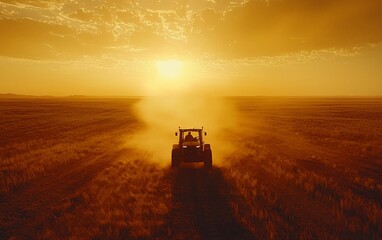 Fototapeta premium Tractor driving across a field at sunset.